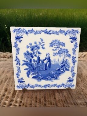 Lady at the Well Spode Tile Trivet Hot Plate L0906 Blue White 6" Square Floral